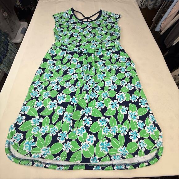 T by Talbots Blue Green Hawaiian Print Dress Tie Waist Navy Trimmed Caged Back - Picture 13 of 16